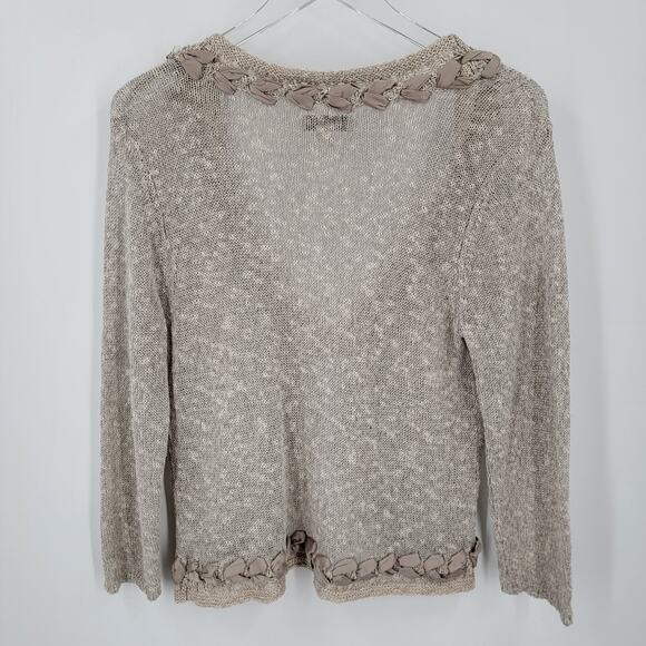 Coldwater Creek Cardigan Womens Small Beige Linen Blend Ribbon Detail Open Knit - Picture 2 of 11